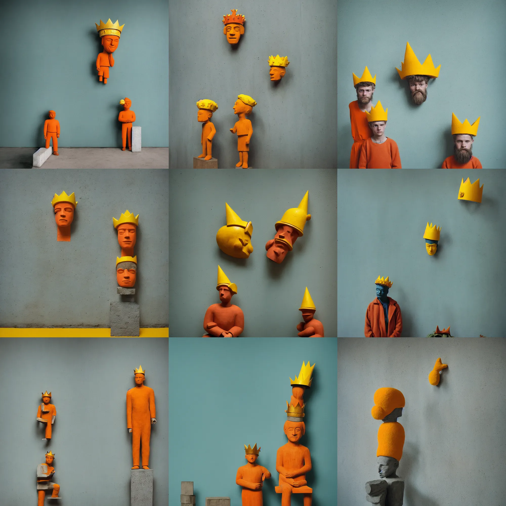 Image similar to kodak portra 4 0 0, 8 k, shot of a highly detailed, britt marling style, colour still - life portrait of a large minimalistic room, rough concrete walls, the rough carved wooden statue of a teal and orange striped little man with a yellow crown on his head, muted colours