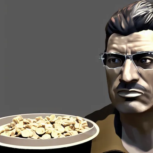 Image similar to jc denton from deus ex eats cereal at a table, liberty island, high quality, photorealistic, highly detailed face, 4 k, hd