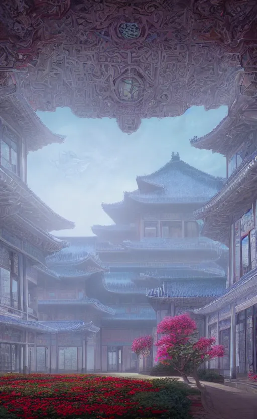 Image similar to vanishing point, palace covered with aqua blue roses like the forbidden city in distance at the red rose royal manor, viewed from afar, stephen bliss, misty, unreal engine, fantasy art by greg rutkowski, loish, ferdinand knab, and lois van rossdraws,, global illumination, radiant light, minimalist, detailed and intricate environment