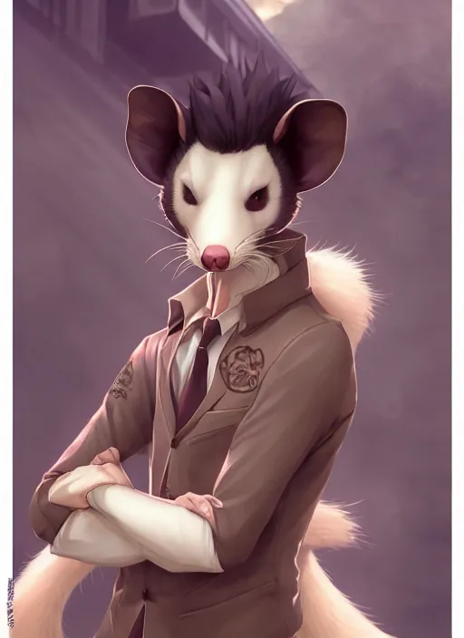 Prompt: character portrait of a male anthro opossum fursona with a tail and a cute beautiful attractive detailed furry face wearing a dress shirt and slacks outside a city tattoo parlor. Character design by charlie bowater, ross tran, artgerm, and makoto shinkai, detailed, inked, western comic book art