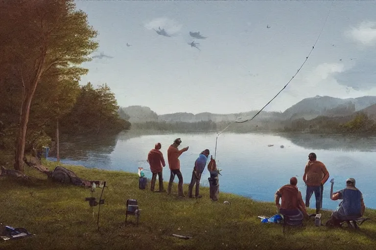 Image similar to mid - thirties guys binge drinking and fishing in front of a lake, in the style of simon stalenhag