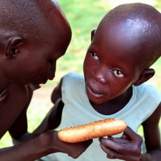 Image similar to photo of a malnourished ugandan boy sharing bread with a blond american