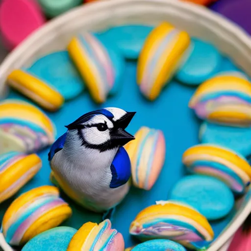 Image similar to A photograph of a (photorealistic blue jay) standing on a large basket of rainbow macarons.