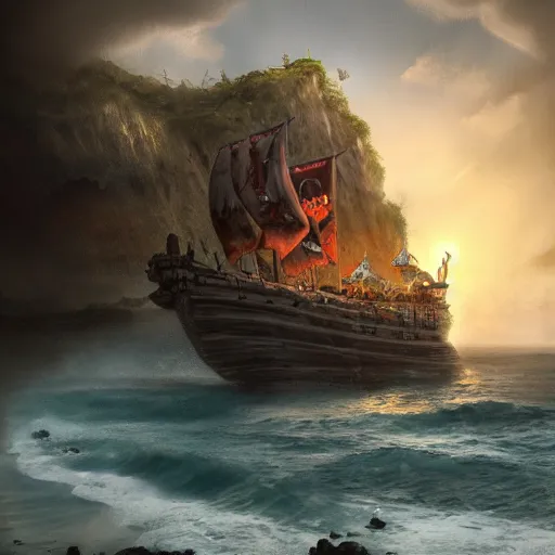 Prompt: photo of a pirate ship in front of a jamaican shoreline cliff with a cave at night, atmospheric lighting, intricate, ultra detailed, well composed, best on artstation, cgsociety, epic, stunning, gorgeous, intricate detail, wow, masterpiece