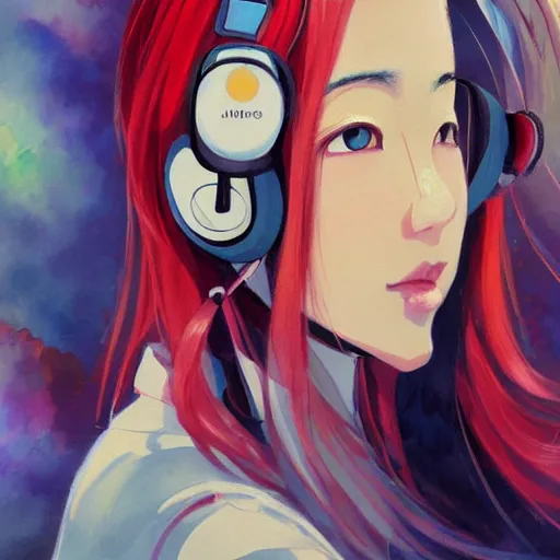 Prompt: a beautiful painting of japanese girl listen to music in the bus,anime,artstation,colorful