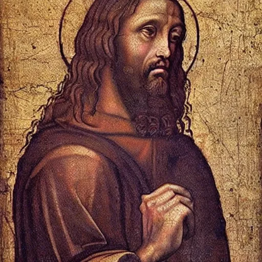 Prompt: An old renaissance painting of Gigachad Jesus by Leonardo da Vinci.