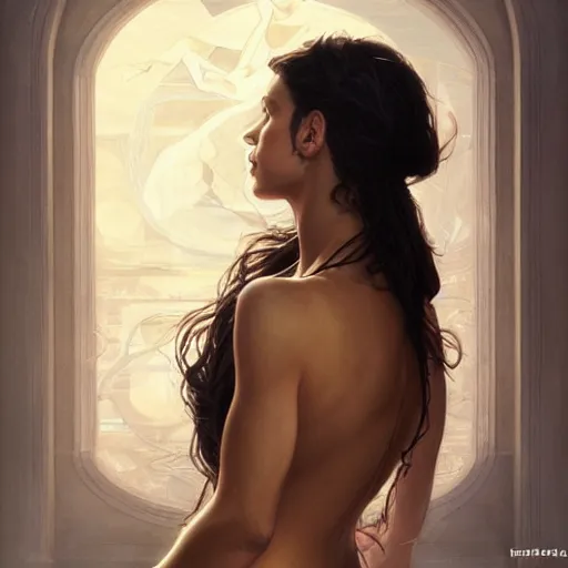 Image similar to Portrait of a Greek Supermodel, olive skin, long dark hair, beautiful bone structure, intricate, elegant, highly detailed, digital painting, artstation, concept art, smooth, sharp focus, illustration, art by artgerm and greg rutkowski and alphonse mucha