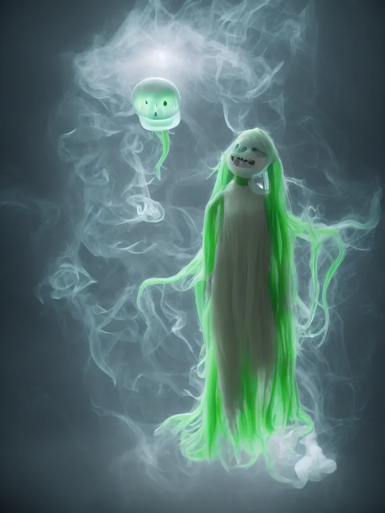 Image similar to cute fumo plush smiling ectoplasmic gothic macabre green jellyfish ghost girl, glowing milky wisps of hazy smoke and volumetric fog, lens flare, vignette, bokeh, refraction, vray