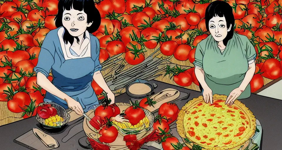 Image similar to Woman in kitchen making a tomato and corn pie in the style of Junji Ito