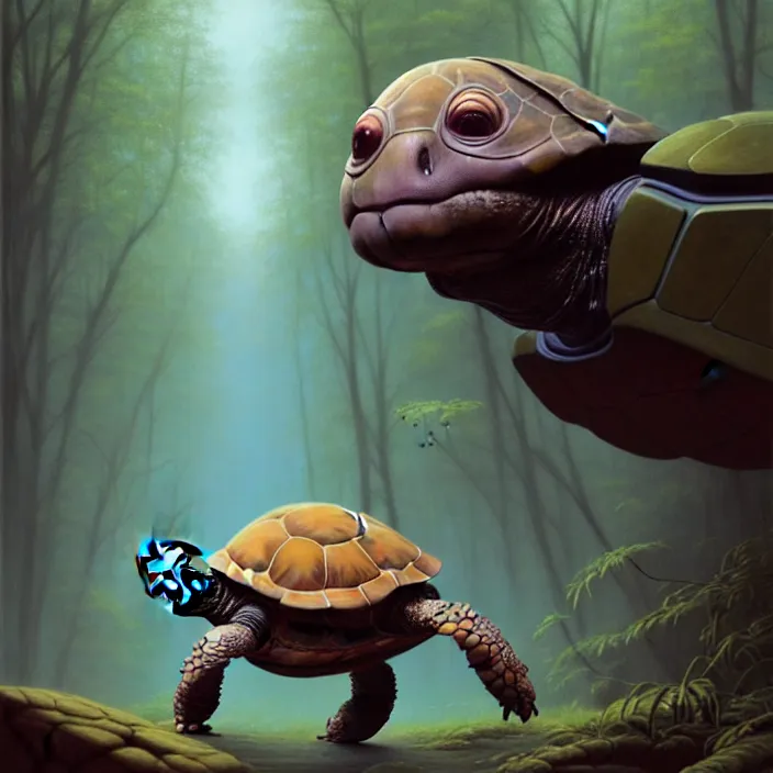 Prompt: Goro Fujita ilustration a cute turtle happily walking through the forest, cinematic bust portrait of psychedelic robot from left, head and chest only, exotic alien features, robotic enhancements, desaturated, Tim Hildebrandt, Wayne Barlowe, Bruce Pennington, donato giancola, larry elmore, oil on canvas, masterpiece, trending on artstation, featured on pixiv, cinematic composition, dramatic pose, beautiful lighting, sharp, details, hyper-detailed, HD, HDR, 4K, 8K