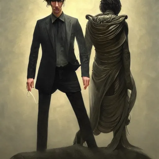 Image similar to painting of both john oliver and adam driver together, john oliver, adam driver, full body, elegant, beautiful, highly detailed, centered, dark, smokey, digital painting, concept art, smooth, sharp focus, illustration, deviant art, art by karol bak and peter mohrbacher