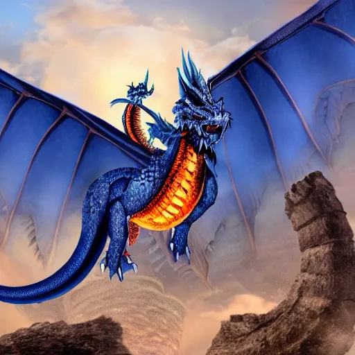 Image similar to professional photo of a blue dragon with a white belly and orange eyes flying over some ancient ruins