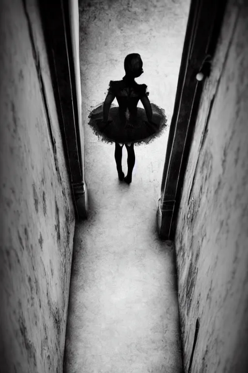 Prompt: dark ballerina, emil melmoth, concept art, deviantart, dark, 3 5 mm, chiaroscuro, surrealist, victorian, mist, dark down the stairs see from above