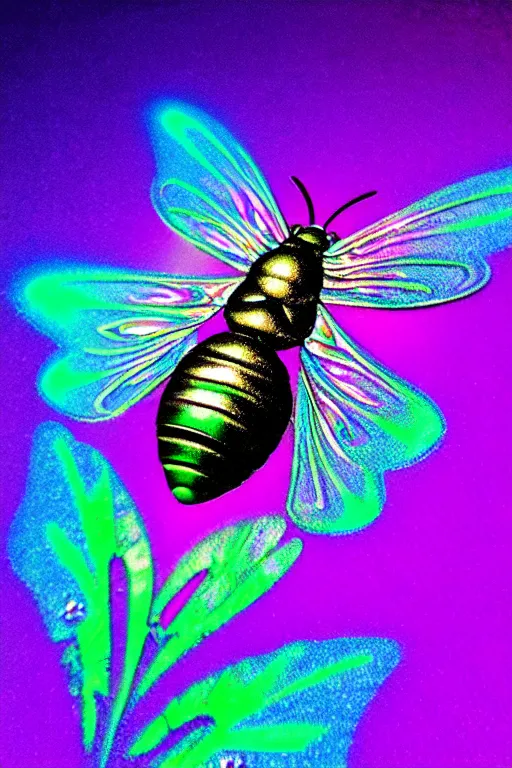 Image similar to high quality macro photo holographic art nouveau fly! jeweled gorgeous! highly detailed digital art david ligare elson peter cinematic purple neon lighting high quality low angle hd 8k sharp shallow depth of field