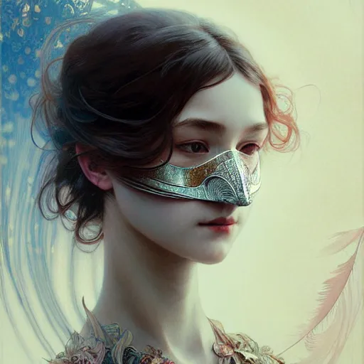 Image similar to Girl wearing an intricate mask made of delicate feathers, face, detailed, elegant, highly detailed, digital painting, artstation, concept art, smooth, sharp focus, illustration, art by Krenz Cushart and Artem Demura and alphonse mucha