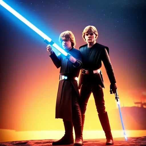 Image similar to luke skywalker and anakin skywalker standing proudly shoulder to shoulder ultra realistic, lens flare, atmosphere, glow, detailed, intricate, full of colour, cinematic lighting, trending on artstation, 4 k, hyperrealistic, focused, extreme details, unreal engine 5, cinematic, masterpiece, ultra realistic, hyper realistic, highly detailed, sharp focus, digital art