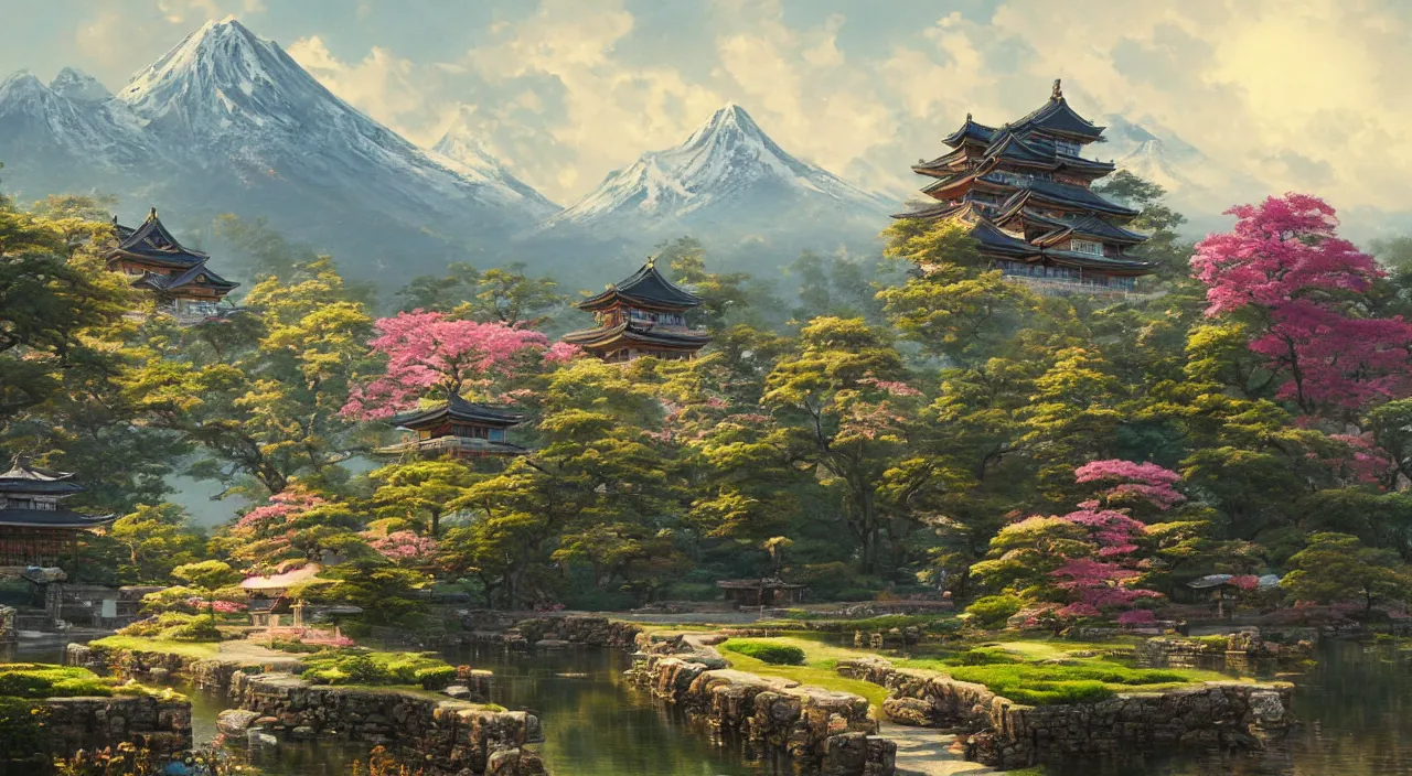 Prompt: a beautiful painting of a singular Japanese castle, with a garden as foreground, with mountains as background, by greg rutkowski and thomas kinkade