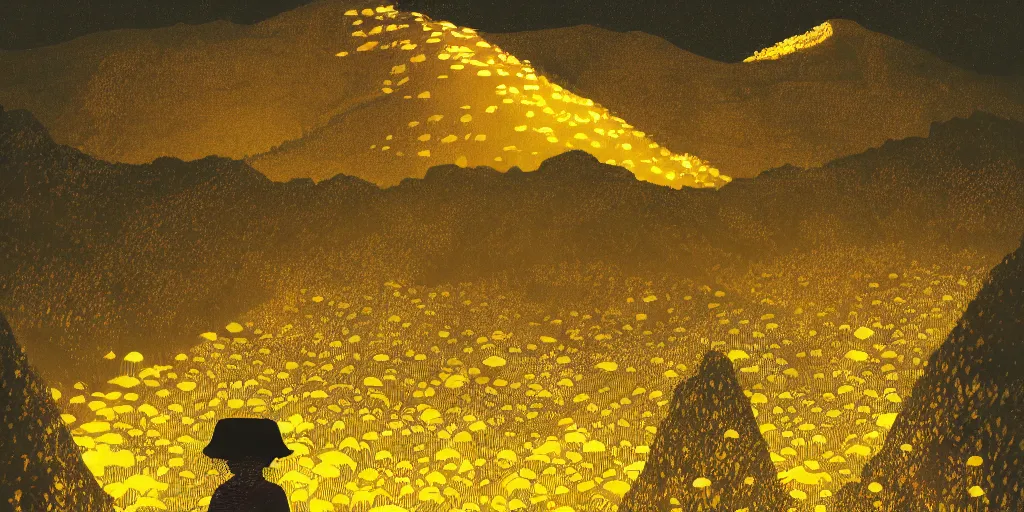 Image similar to mountain under the moonlight, the foot of the mountain is full of golden flowers and a giant golden tree, river reflections ， victo ngai, artstation, light effect - h 6 4 0