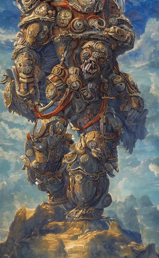 Image similar to mural of a bear beast-man, sci fi weapon, royal ornaments, reaching towards the heavens, sci fi world, holy imagery, highly detailed, beautiful colors, renaissance mural, mural in the style of sandro boticceli, sandro boticceli