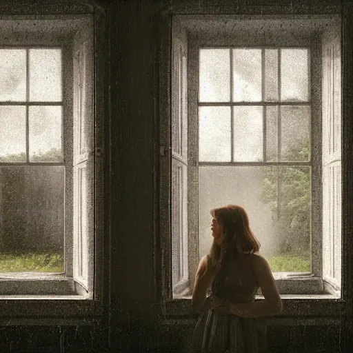 Image similar to a portrait of a young woman standing at an open window by gregory crewdson and andrea kowch