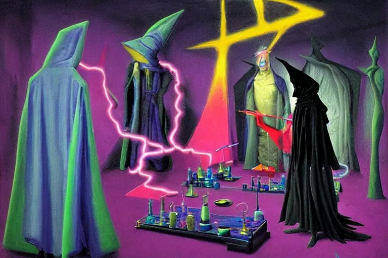 Image similar to a masterpiece painting in the laboratory of a technomancer wizard, in dazzle camouflaged robes, pointed hoods, he discusses sentience with his al djinn by remedios varo and anato finnstark and greg rutkowski and andy warhol and francis picabia. dayglo pink blue, prismatic, pearlescent, raven black, glowing, hyperrealism, trending on artstation