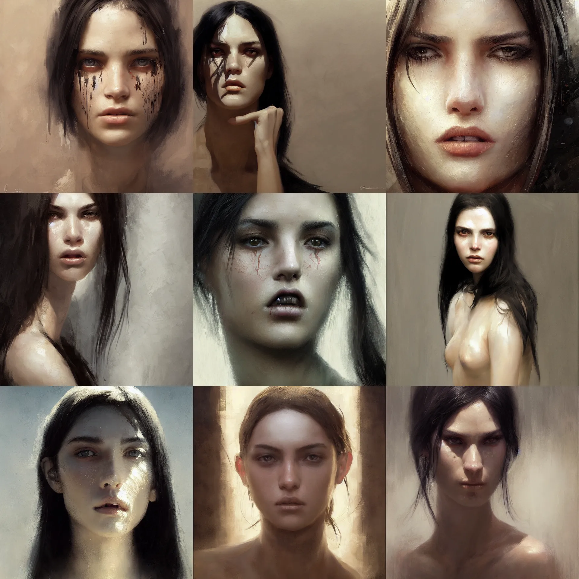Prompt: digital art painting of a 2 0 years old white skin young latino woman, long black straight hair, strong jaw, brown eyes painted by craig mullins and gaston bussiere and greg rutkowski, symmetrical facial features, symmetrical face, defined facial features, dramatic lighting, close up