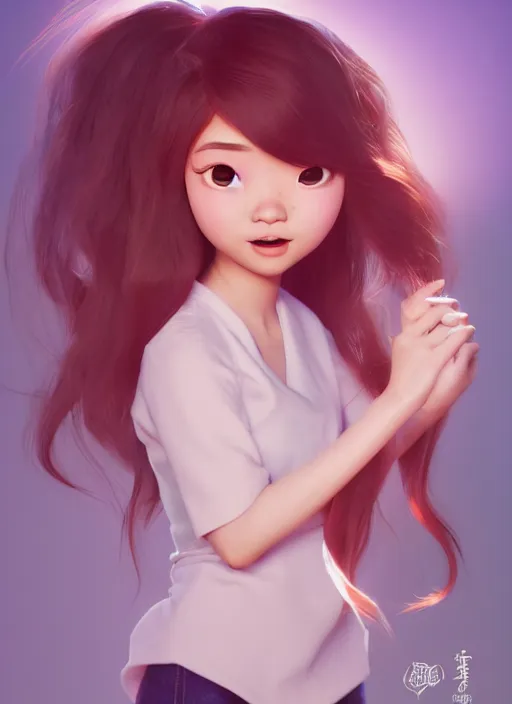 Prompt: a cute asian girl singing, flowing hair in the style of pixar animation, full body shot, viewed from bellow, award winning, hyper detailed, studio lighting, artstation, octane renderer, unreal engine