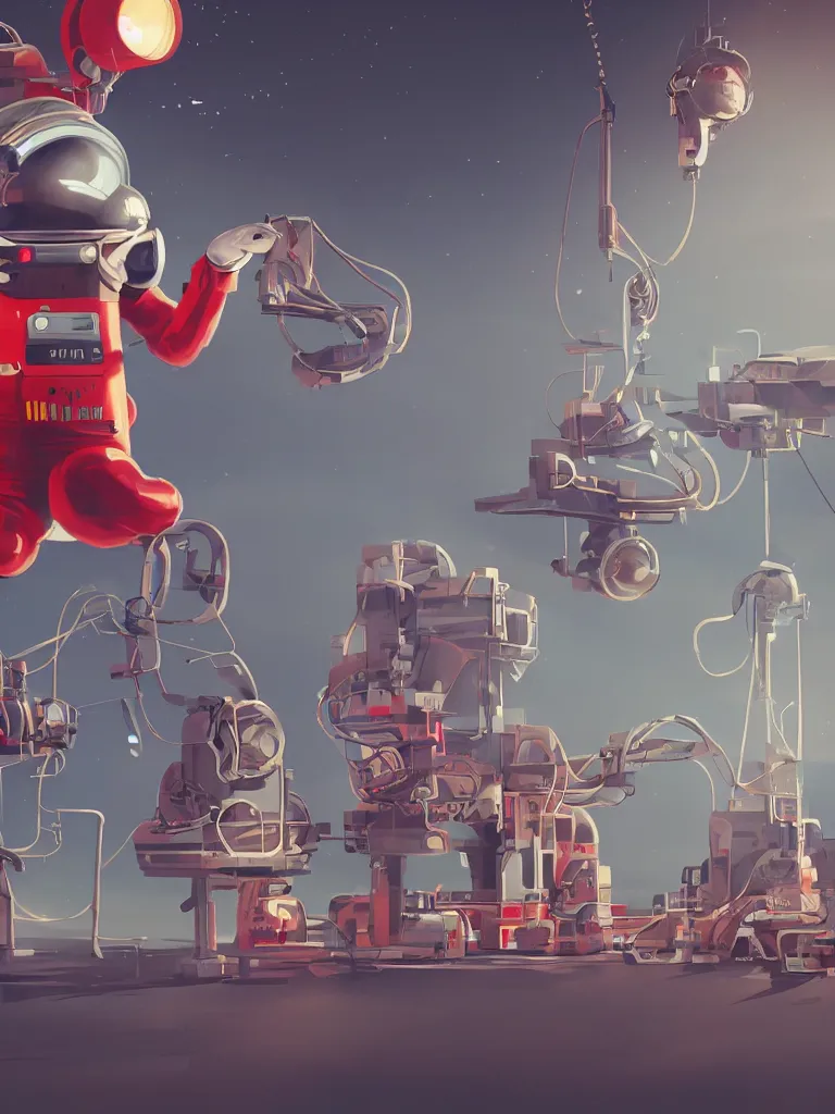 Image similar to graphic art of dystopian futuristic 1 0 mechanic surgeons in space suits, operate on a huge mickeymouse! severedhead!!!! held by a crane. ominous glowing red netflix!!! sign in the background, trending on art station, beeple!!, clean concept art, smooth, octane render