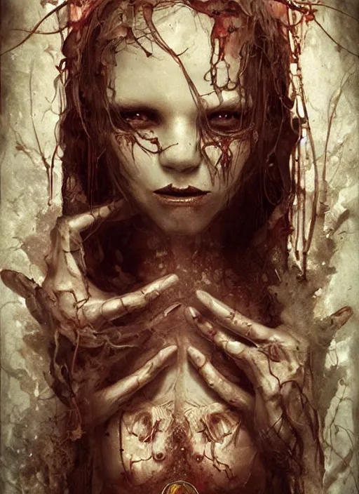 Prompt: a horror tarot card design with intricate details of soul leaving the body :: bastien lecouffe deharme