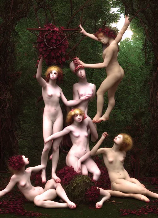 Prompt: pagan girls performing an occult esoteric satanic ritual on a goat in a deep thorns bones bloody 3d vaporwave cyber forest in 5th dimensional space, by william-adolphe bouguereau and Austin Osman Spare and Takato Yamamoto, high resolution, rendered in octane 3d