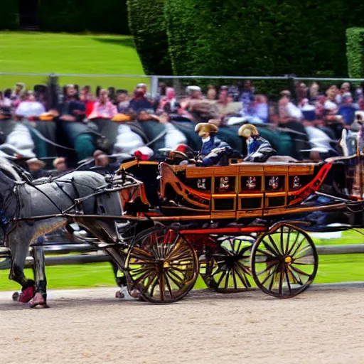 Image similar to lady catherine de bourgh from pride and prejudice drives her barouche box pulled by two horses on the formula 1 circuit of le mans. cinematic, technicolor, highly intricate