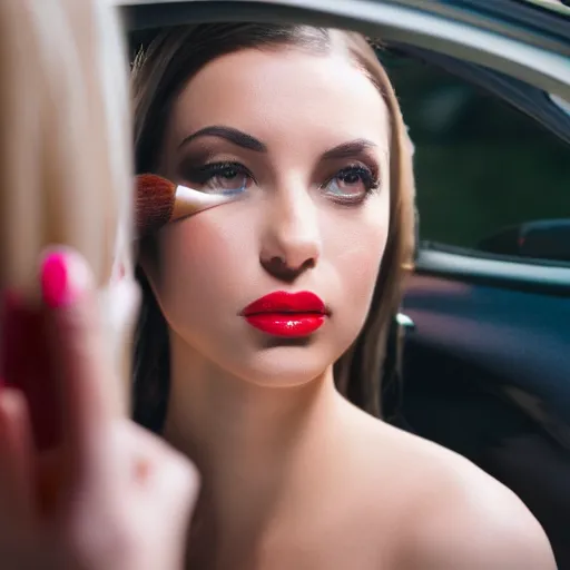 Image similar to a close - up of young woman looking in rear view mirror doing makeup, applying lipstick, photorealistic, hyperrealism, high resolution, ultra - detailed, k 4, kodak portra 4 0 0