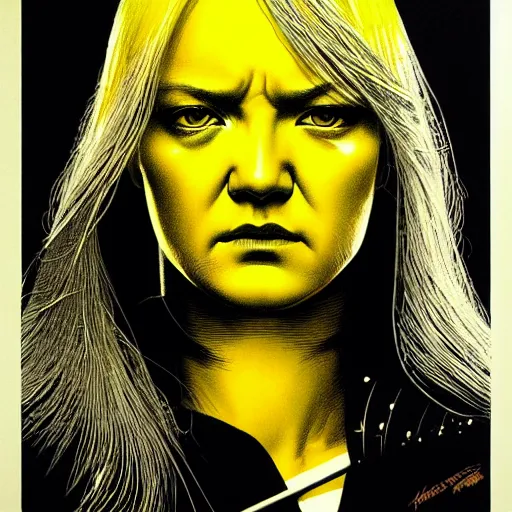 Image similar to portrait soft light, by frank mccarthy and killian eng and joe fenton, inspired by kill bill, yellow only, etching and airbrush, fine, sharp high detail