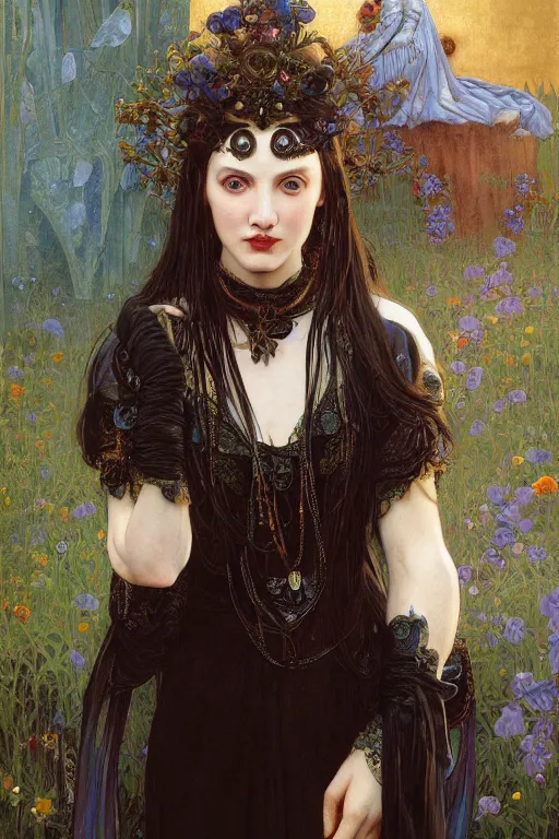 Image similar to masterpiece painting of ephemeral vampire raven haired girl by donato giancola, darius zawadzki and tom bagshaw, face by artgerm and edmund leighton, alphonse mucha, background by james jean and gustav klimt, 8 k, horror, dark color palette, volumetric lighting, porcelain skin, french nouveau, trending on pixiv