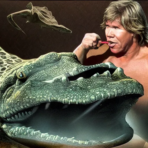 Prompt: shirtless steve irwin fighting a crocodile inside the mouth of a crocodile as a sting ray fights the crocodile to get to steve graphic award winning stunning