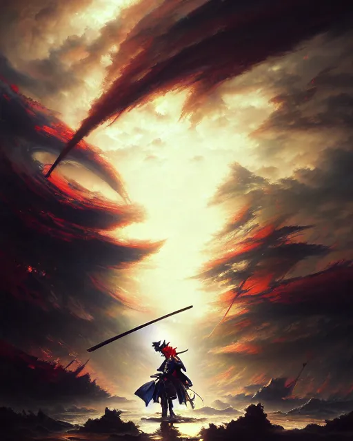 Image similar to baroque oil painting of key visual samurai war, storm, brutalist fantasy, fake detail, trending pixiv fanbox, acrylic palette knife, style of makoto shinkai takashi takeuchi yoshiyuki sadamoto greg rutkowski chiho aoshima, artstation