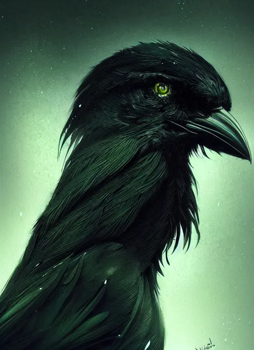 Image similar to side portrait dark crow (animal), close-up, fantasy forest landscape, moonshine, fantasy magic, nice black feather, proud, green dark light night, intricate, elegant, sharp focus, illustration, highly detailed, digital painting, concept art, matte, art by WLOP and Artgerm and Greg Rutkowski and Eddie Mendoza, masterpiece