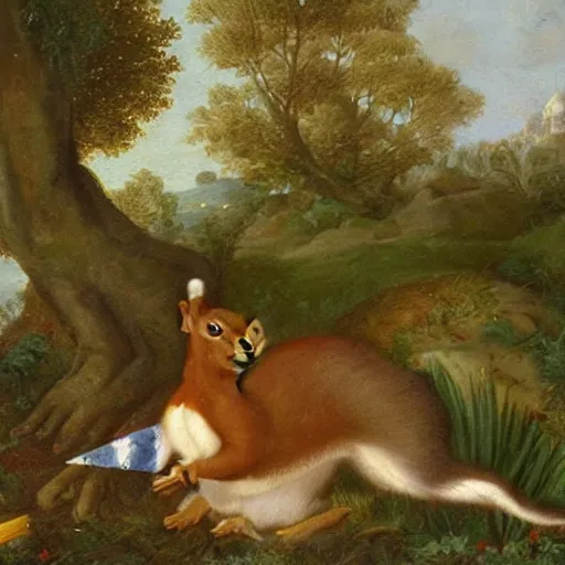 Image similar to a squirrel carrying napoleon bonaparte on its back, beach scene with flowers and foliage, detailed oil painting