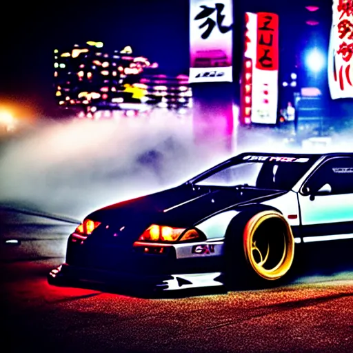 Image similar to a car 300ZX twin turbo drift at illegal car meet, Shibuya prefecture, city midnight mist lights, cinematic lighting, photorealistic, highly detailed wheels, high detail