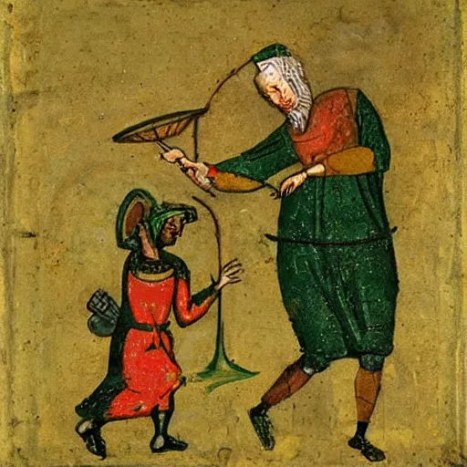 Image similar to a completely green man swinging a frying pan, medieval painting