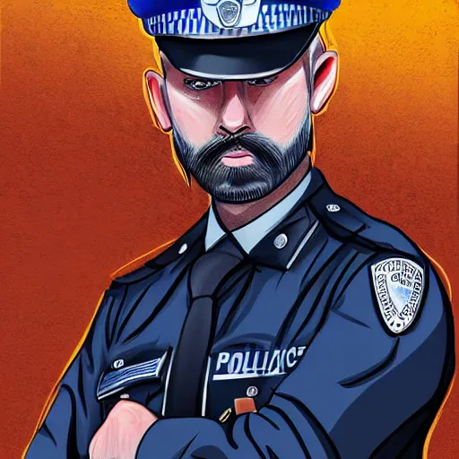 Image similar to portrait of a blonde police officer with short hair and a patchy beard, close up, grimy streets backdrop, detailed, art by loran desore