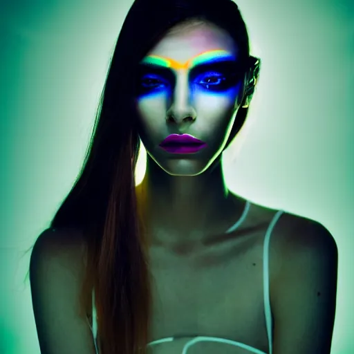 Image similar to high fashion photography of a model in neo futurism white sci - fi makup, transparent cloth, beautifully lit by neon light