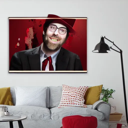 Prompt: Extremely pale human, flat preacher hat, unshaven, sly smile, Blood poster art