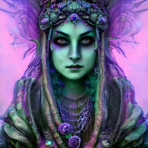 Image similar to a beautiful detailed 3d matte painting of female goddess of the dead, ominous, magical realism, texture, intricate, purple torn fabric, radiant colors, fantasy, trending on artstation, volumetric lighting, micro details, 3d sculpture, ray tracing