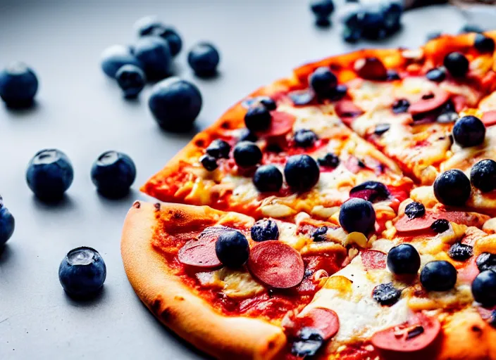 Image similar to A delicious plate of pizza with blueberries on, extra cheese, close up food photography, studio lighting, Sigma 35mm f/1.4