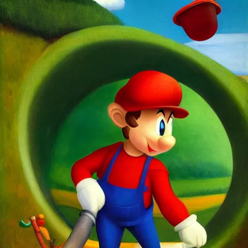 Image similar to an italian plumber with a red hat emerges from a green city pipe by Raphael, Hopper, and Rene Magritte. detailed, romantic, enchanting, trending on artstation.