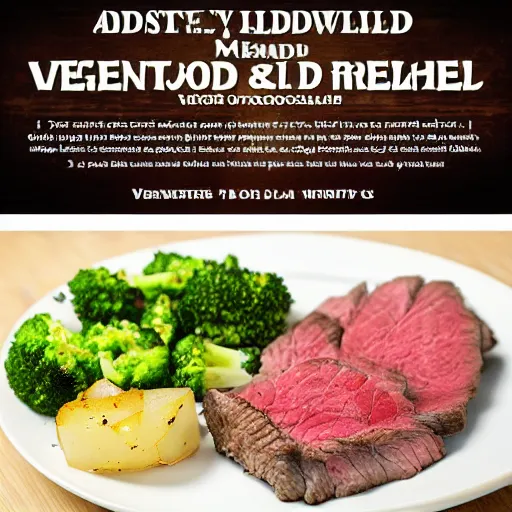 Prompt: advertising photography of a delicious large cooked and seasoned medium well steak, topped with melted mozzarella cheese, and a side of seasoned vegetable and potato and broccoli medley, all served on a wooden table, spot lighting, restaurant promotional poster