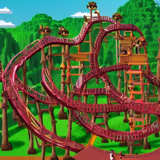 Prompt: digital concept art of donkey kong country theme park with a minecart roller coaster