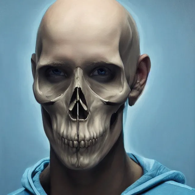 Prompt: a beautiful, hyperrealism, oil painting symmetrical portrait of a bald skull wearing a light blue hoodie, in the style of james jebusa shannon, reisha perlmutter and eric zener : 5