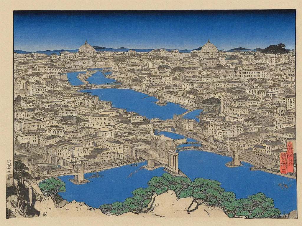 Prompt: View of the old Rome. Artwork by Hiroshige.